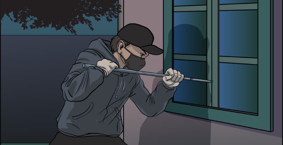 Illustration of burglar forcing entry through a window in Olympia